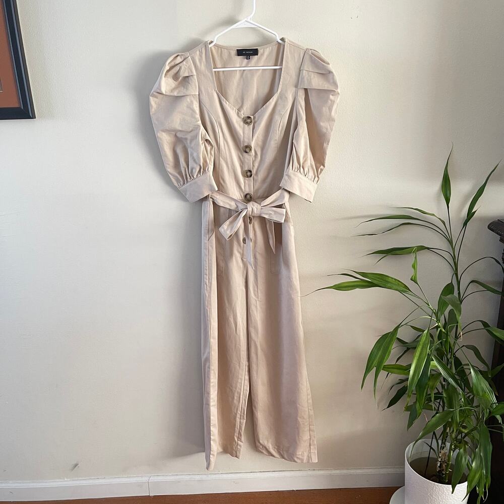 En Saison Jumpsuit Small Tan Cotton Poplin Puff Sleeve Utility Romper Safari S
